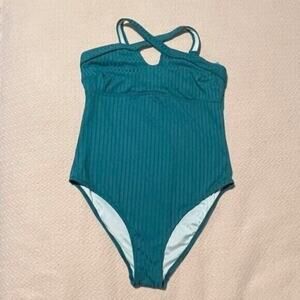 Cupshe Women Teal Ribbed One Piece Swimsuit High Neck Cutout L NWT